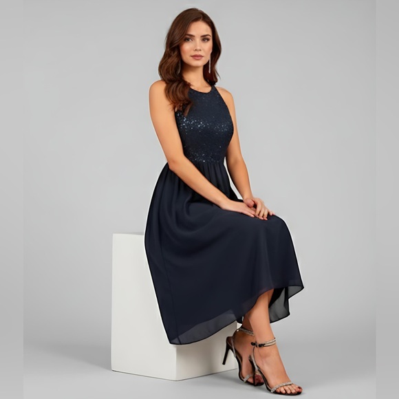 Chiffon Sequin Cami Dress Navy Blue* - Picture 2 of 9